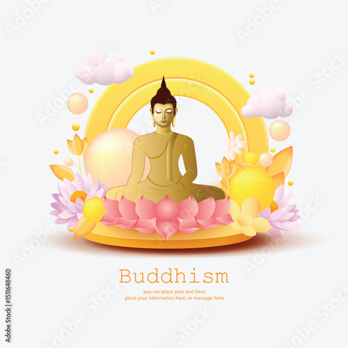 Buddha statue meditating on a lotus 3D paper art vector illustration background - Buddhism Magha Puja, Asanha Puja, Vesak Puja Day, Thailand culture