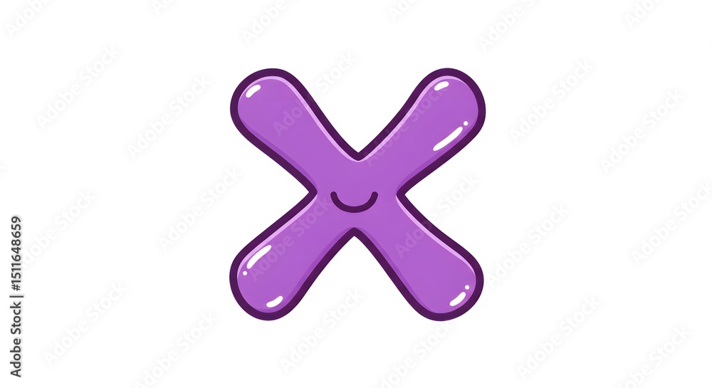 Fototapeta premium A cartoon purple letter x with a small smile on a white background illustration