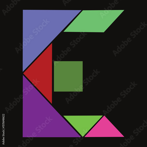 Tangram Puzzle Letter E Alphabet Colorful Geometric Illustration