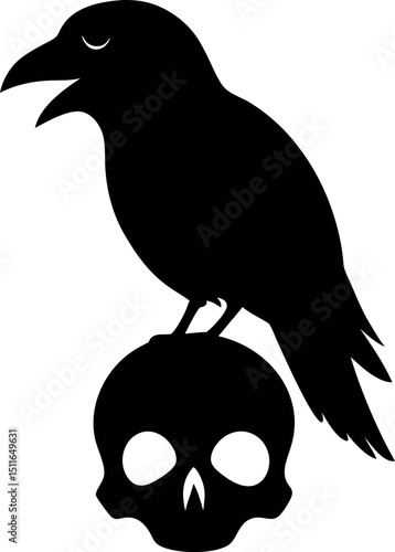 Raven Silhouette Perched on Skull Illustration for Tattoo and Gothic Art Vector