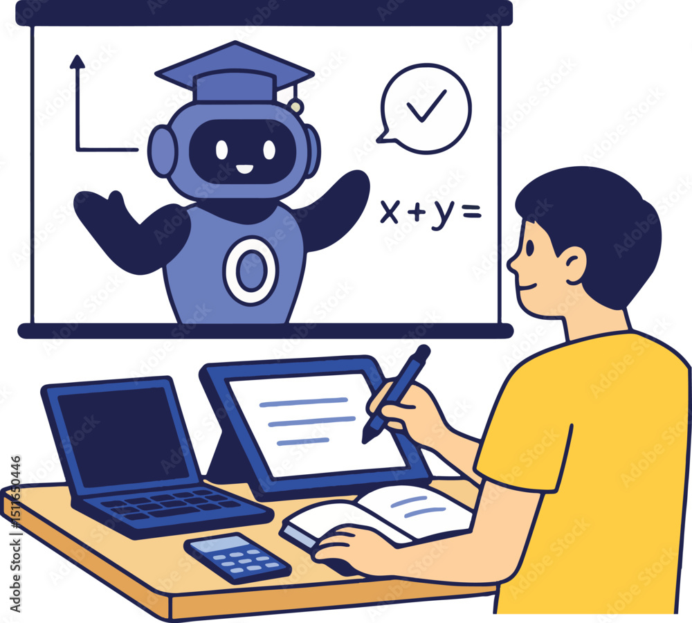 Online Education Vector Illustration. Student learns with a robot on the screen. Online Education Vector Illustration. Student learns with a robot on the screen.