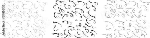Arrow icon set. Hand drawn black dotted line doodle arrow, curve arrow vector collection. Sketch curved dashed arrows design isolated on transparent background. Direction shape for web and app.
