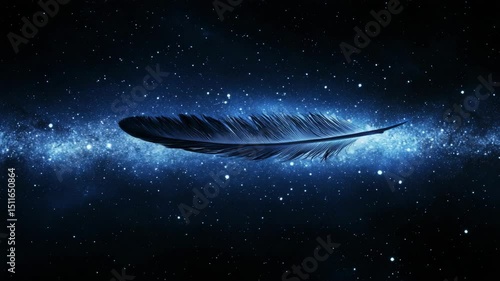 Elegant Blue Feather Against Cosmic Background in Dark Space