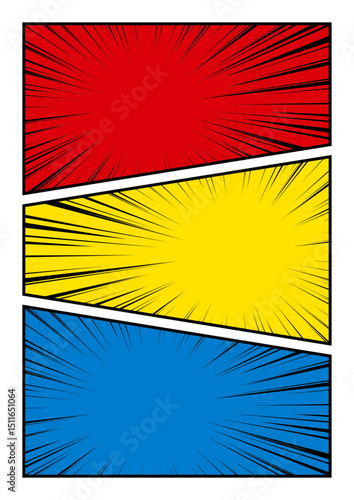 アメコミ風　漫画　三分割　赤　黄色　青　集中線　フレーム