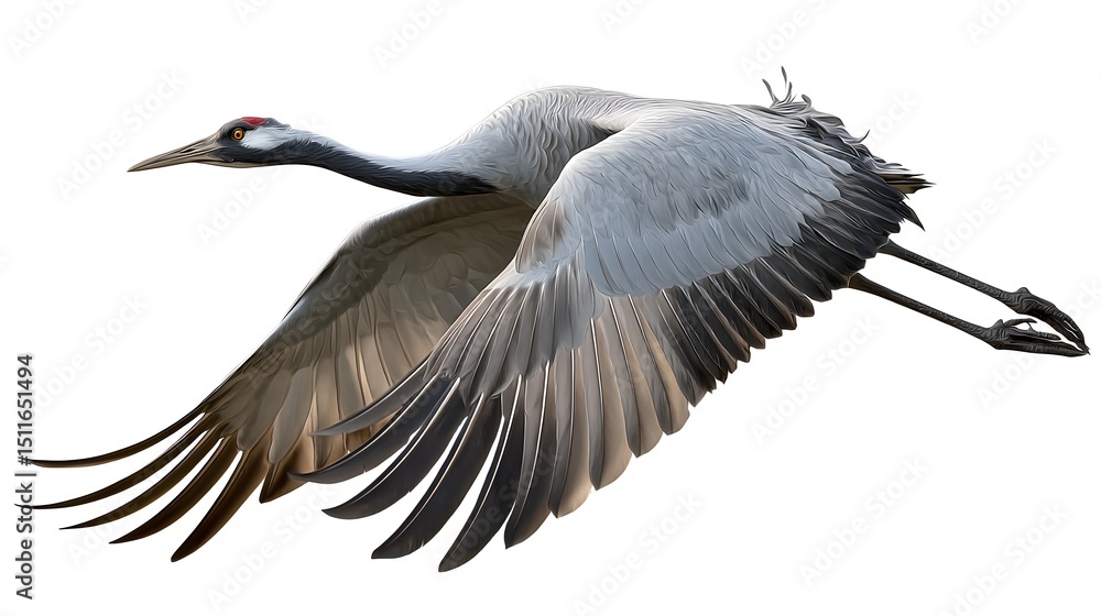 Crane flying gracefully with legs trailing behind, elegant body curve, isolated on white Crane flying gracefully with legs trailing behind, elegant body curve, isolated on white