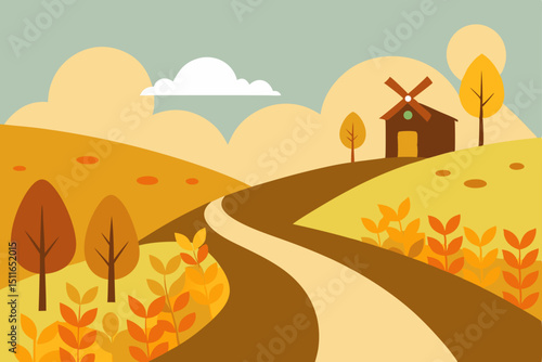 autumn countryside with winding dirt roads  windmi