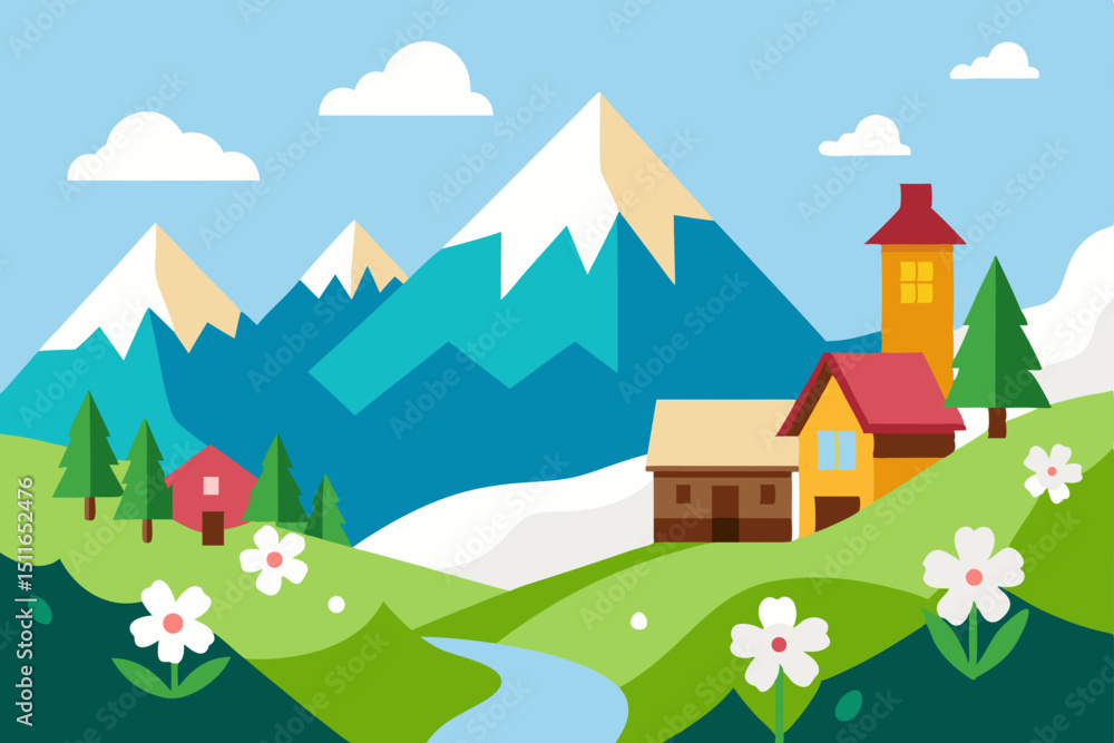 Fototapeta premium cartoon alpine village in spring with flowers tim 