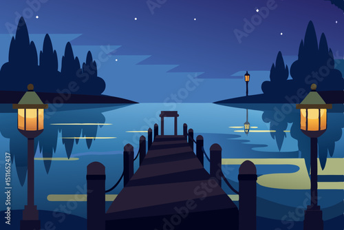 calm riverside dock at dusk with lantern lit boats.svg