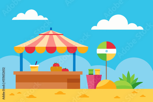 cartoon beachside market with colorful stalls  