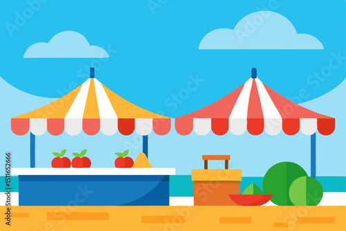 cartoon beachside market with colorful stalls  