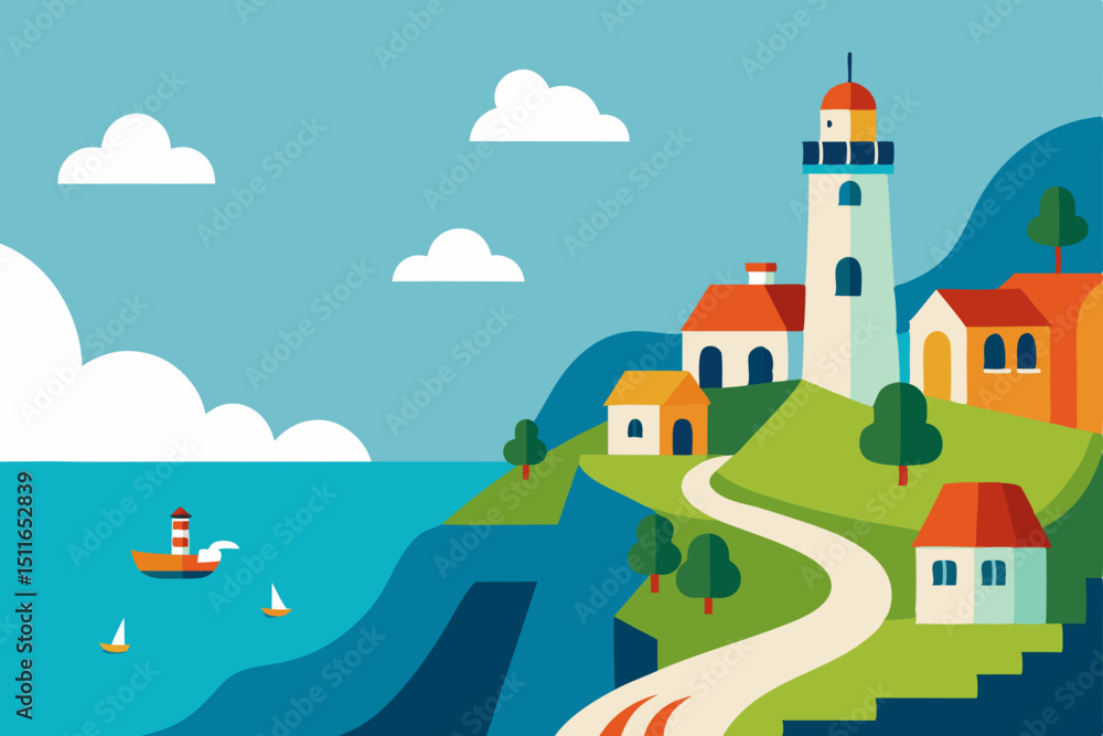 Naklejka premium cartoon coastal cliffside town with winding street 