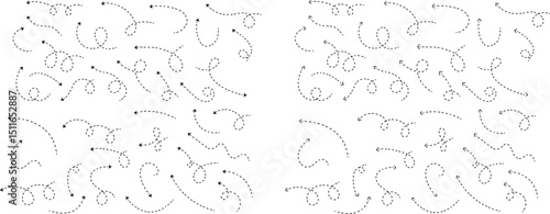 dot arrow icon set. Hand drawn black dotted line doodle arrow, curve arrow vector collection. Sketch curved dashed arrows design isolated on transparent background. Direction shape for web and app.
