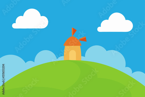 cartoon grassy hilltop with a lone windmill  fluff 