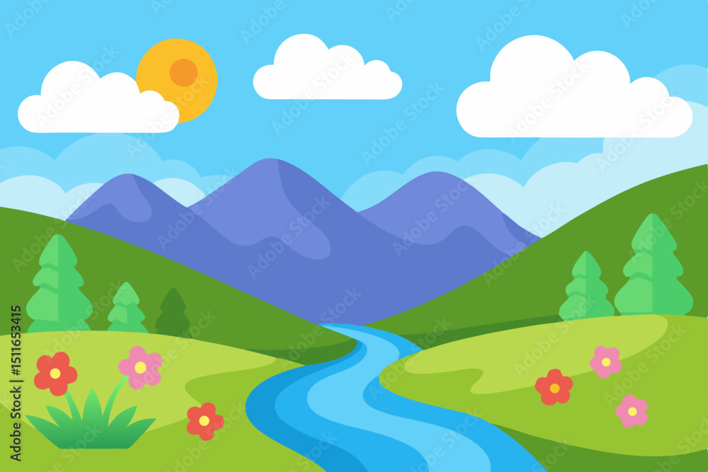 Fototapeta premium cartoon illustration of a peaceful valley with 