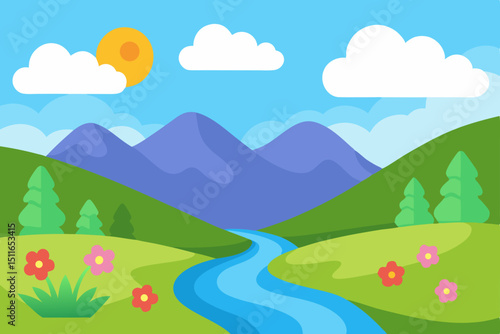 cartoon illustration of a peaceful valley with 