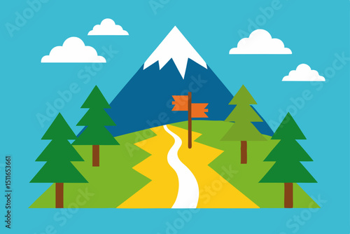 cartoon mountain hiking trail with backpacks  pine