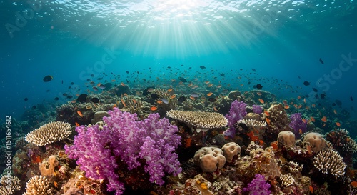 Wallpaper Mural Scuba diver exploring vibrant tropical coral reefs teeming with marine fish in the blue Red Sea Torontodigital.ca