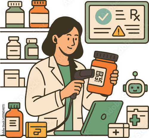 Pharmacist Scanning Medicine Vector Illustration.