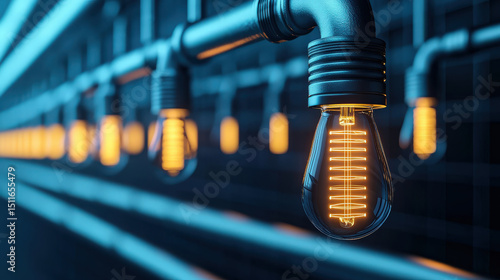 Row of glowing vintage style light bulbs with visible filaments is suspended from metallic pipe, creating warm and industrial ambiance. background features blurred continuation of pipe and bulbs