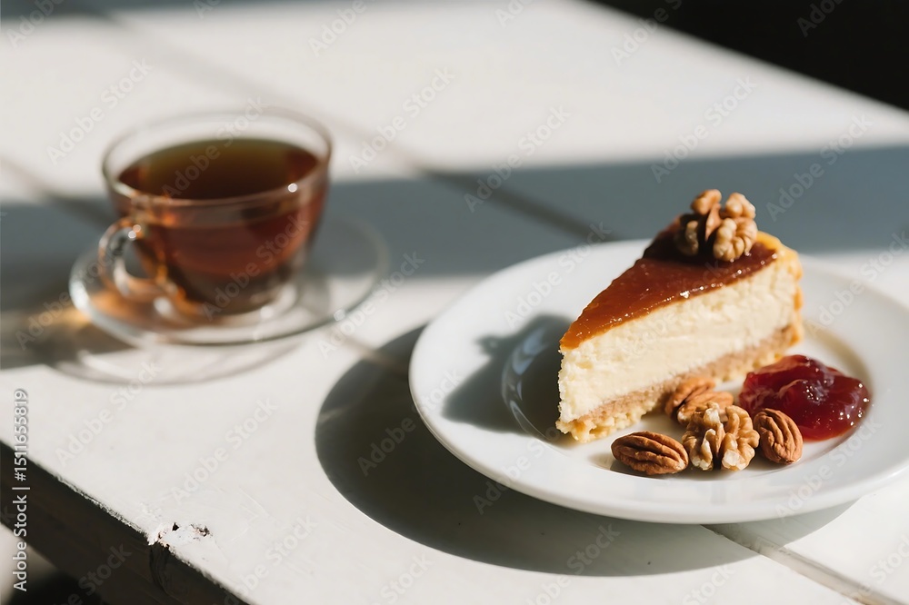Side view dessert in plate with tea, nuts, fruit jam on white wooden background Side view dessert in plate with tea, nuts, fruit jam on white wooden background