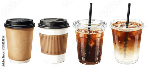 テイクアウトのコーヒーの水彩手書き風イラストセット アイスコーヒー / ホットコーヒー