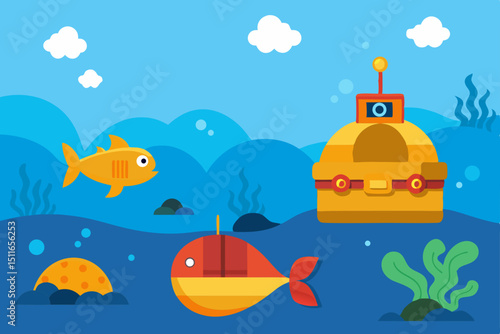 cartoon underwater scene with submarines  sea crea.svg