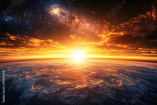 Vast sunrise over a celestial sphere.  A breathtaking panoramic view of Earth's surface at sunrise, contrasted by a vibrant night sky with a galaxy or nebula