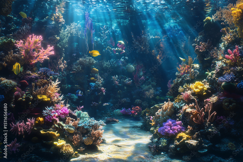 Naklejka premium Vibrant coral reef teeming with diverse marine life illuminated by sunlight creating a mesmerizing underwater scene 