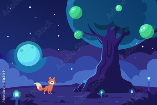 enchanted glade with a magic tree  glowing orbs  