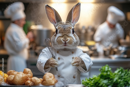 A rabbit stands before a plate of food.