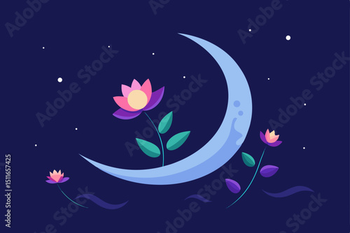 fantasy night glade with a crescent moon  glowing  