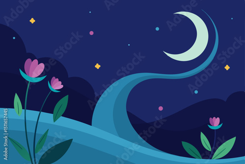 fantasy night glade with a crescent moon  glowing .svg