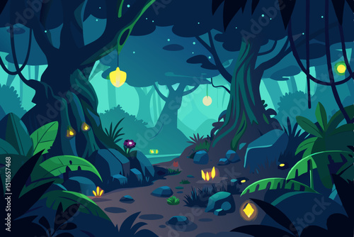 fantasy night jungle scene with glowing plants  