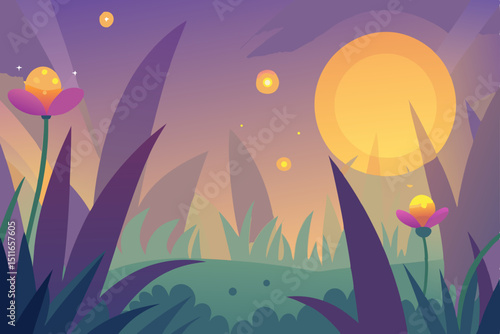 fantasy sunrise glade with dew covered flowers