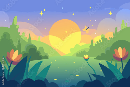 fantasy sunrise glade with dew covered flowers  