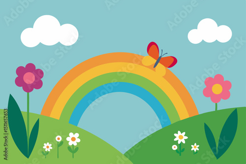 flat vector meadow with wildflowers  butterflies 