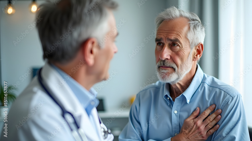 A concerned elderly Caucasian man consults a healthcare professional in a warm, modern clinic. A concerned elderly Caucasian man consults a healthcare professional in a warm, modern clinic.