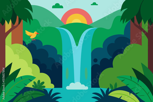 forest waterfall hidden behind vines with a rainbo 
