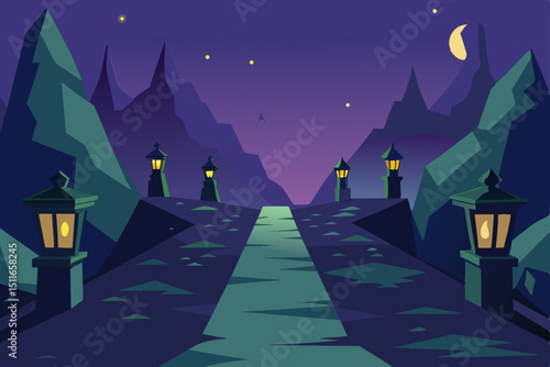 magical twilight mountain path lined with lanterns 