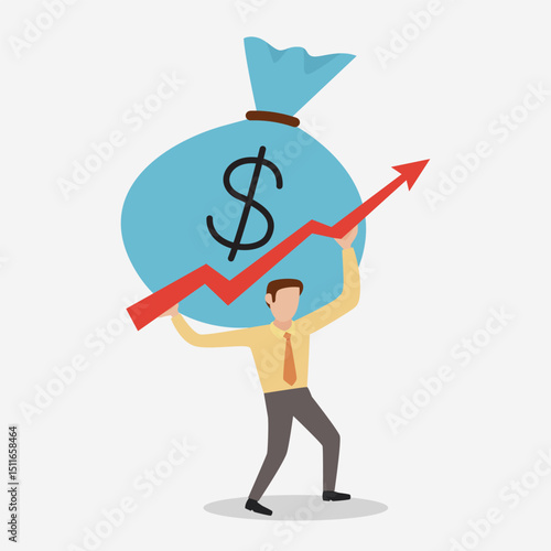 Businessman carrying big heavy money bag on red arrow graph up. Cartoon Vector Illustration.  