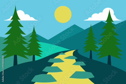mountain stream with stepping stones  pine trees   