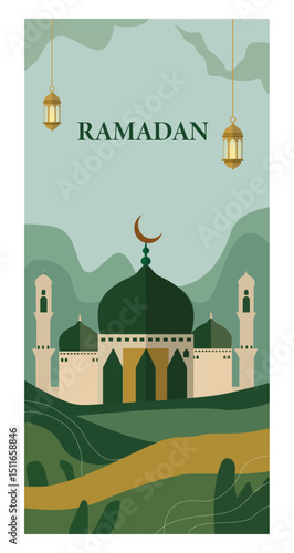 Tranquil Islamic Illustration with Crescent Moon, Holy Book, and Lanterns-04
