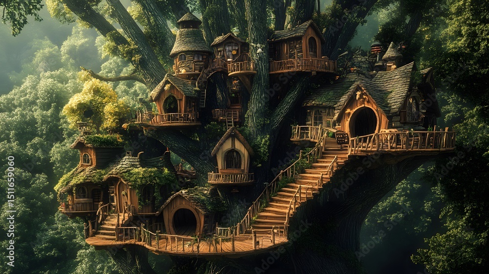 Obraz premium A whimsical treehouse village in a giant tree