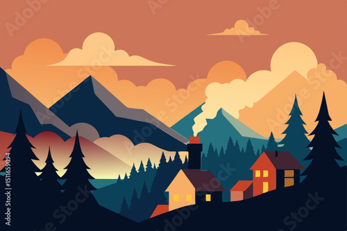 peaceful mountain village at dawn with chimney smo