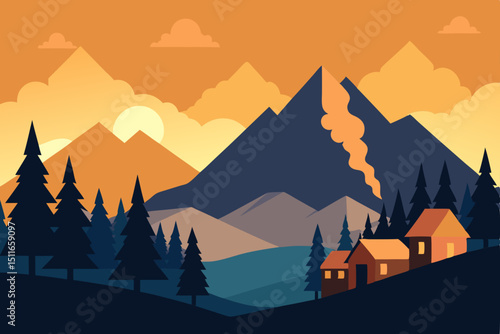 peaceful mountain village at dawn with chimney smo.svg
