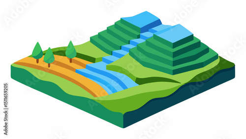 Isometric River Valley with Terraced Hills Vector Illustration