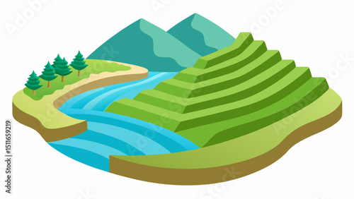 Isometric River Valley with Terraced Hills Vector Illustration