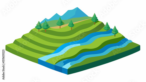 Isometric River Valley with Terraced Hills Vector Illustration