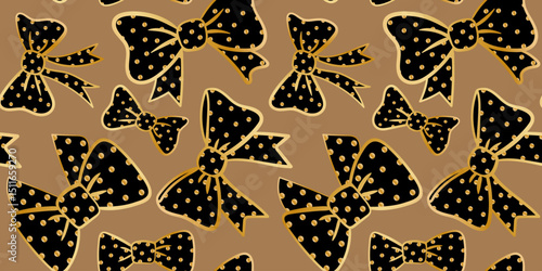 seamless black gold polka dot bows pattern elegant luxury texture festive celebration background wrapping paper design