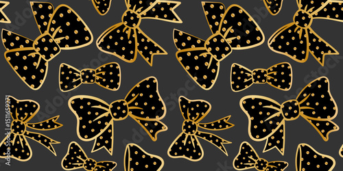 seamless black gold polka dot bows pattern stylish glamorous texture dark grey background festive luxury design